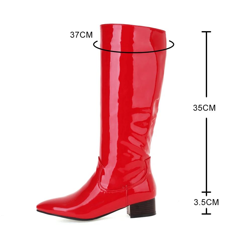 Fashion Autumn Winter Woman Boots Square Heel Knee-High Pointed Toe Patent Leather Boots Comfortable Low Heel Party Dress Dance Shoes