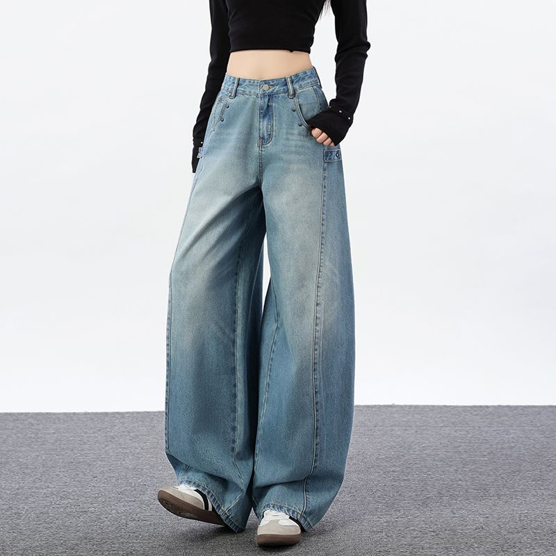 Spring Summer Vintage Multi Rivet High Waist Slim Saber Cut Wide Leg Straight Denim Pants For Women Casual Pants Oversize Denim Trousers