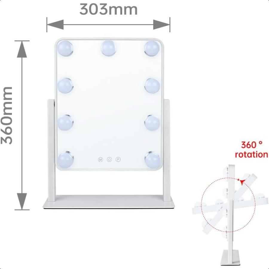 

Голливудское зеркало для макияжа с подсветкой Настольное зеркало для макияжа с 9 светодиодными лампами Умное сенсорное управление 3 цвета света Вращение на 360 градусов Дета United States