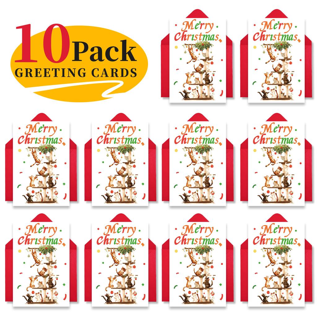 10PCS Cute Cartoon Christmas Greeting Cards Set with Envelopes, Large Size Hand-drawn Xmas Cards for Holiday Wishes & Gifts