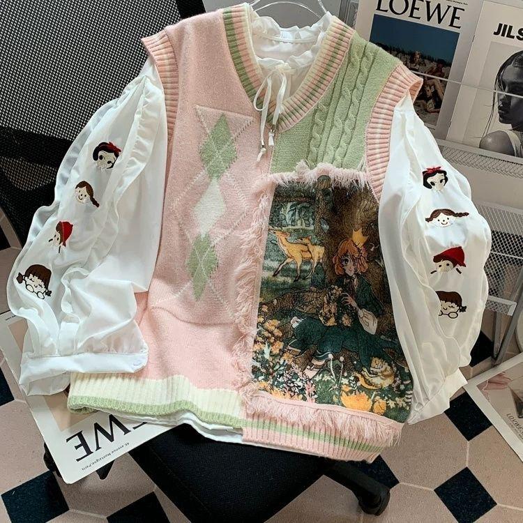 2025 Girls' Knitted Vest & Shirt Two-Piece Set - Stylish Spring/Autumn Fashion