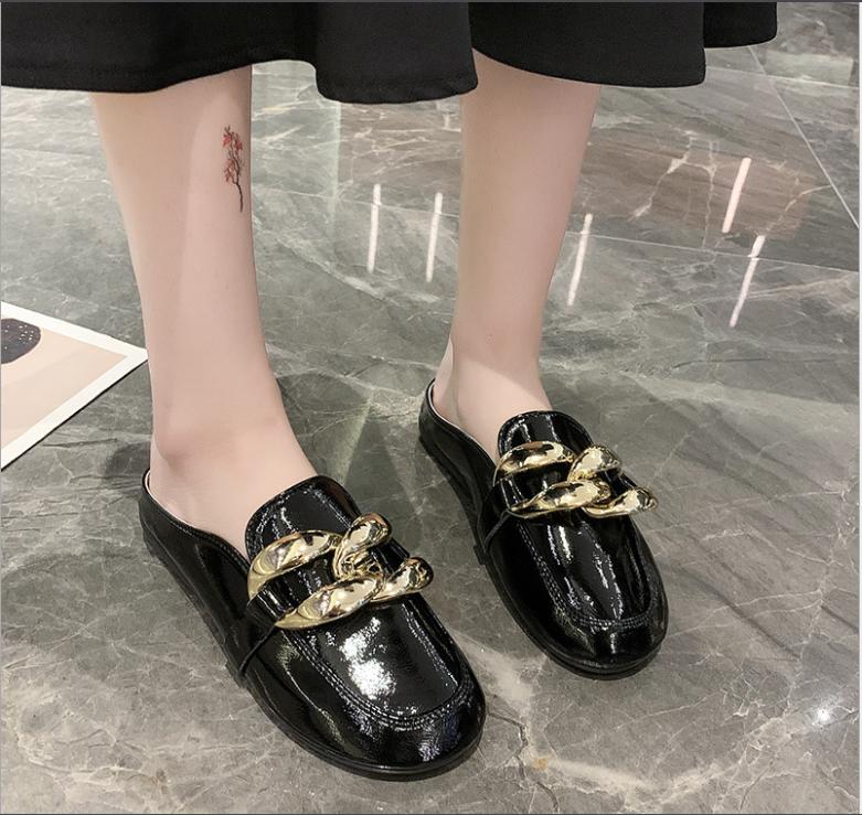 Brand Design Gold Chain Women Slipper Closed Toe Slip On Mules Shoes Round Toe Low Heels Casual Slides Flip Flop Plus Size
