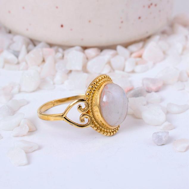 Labradorite Moonstone Ring Set, Brass Boho Gemstone Stacking Rings, Dainty Solitaire Jewelry, Spiritual Protection Gift for Her,