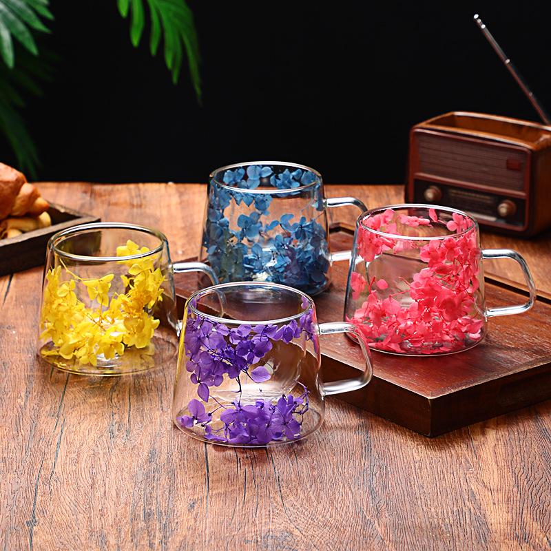 High Appearance Double Layer Petal Quicksand Glass Cup with Real Dried Flowers