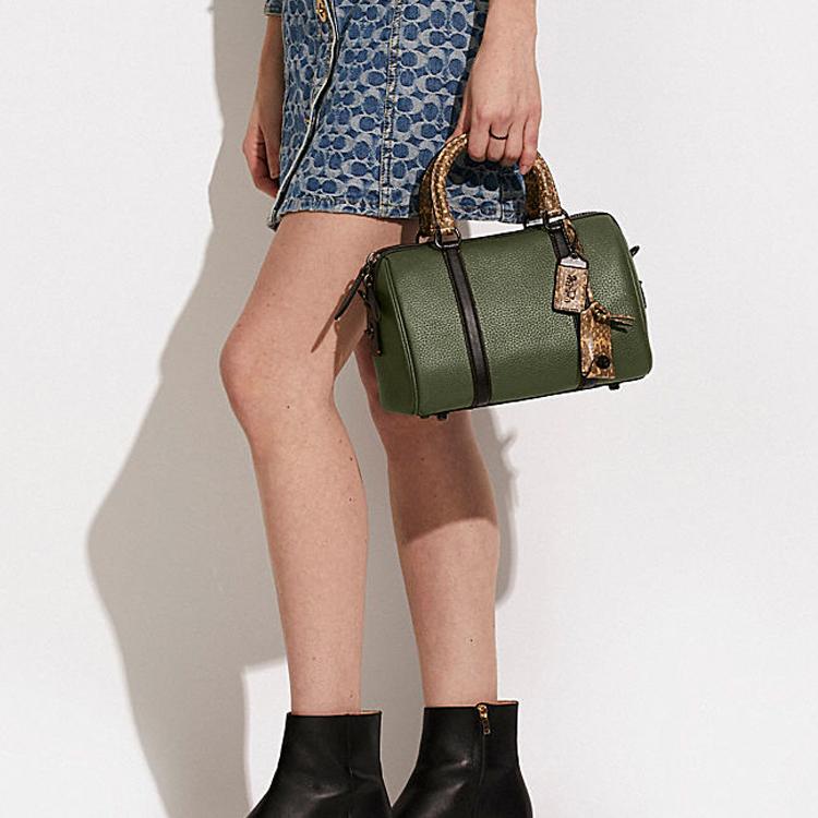 New COACH Pebbled Leather With Snake Leather Boston Bag Handbag Shoulder Bag Crossbody Bag Medium Size Women's Army Green C8533-V5PC0