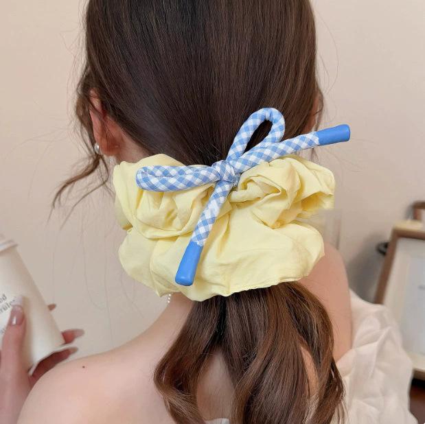 Rosa und blaue Gitterknoten-Streamer-Haarreif für große Köpfe, Damen, flauschiges Wolken-Haarband, Stirnband, Kugel-Haargummi, Haarschmuck