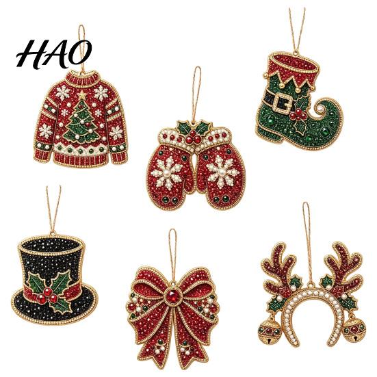 Festive Resin Rhinestone Ornaments 6 Pcs Christmas DIY Faux Pearl Painting Kit Ornaments, Art Decorative for Dormitories Tree Hanging Decoration with
