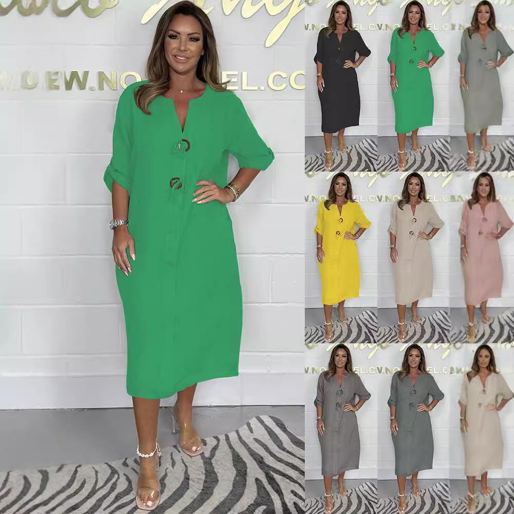 2024 European & American Women's Solid Color Casual Loose Robe Dress