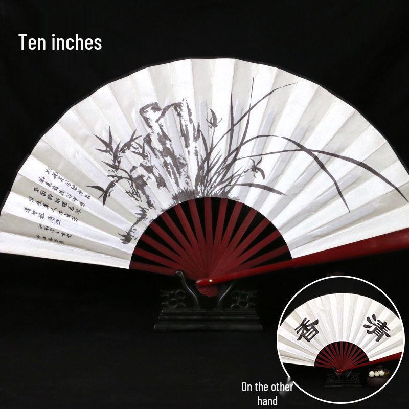 Traditional Chinese Silk Bamboo Folding Fan with Ink Landscape