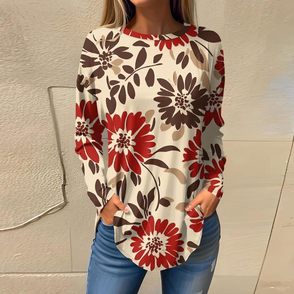 Women's Fashion Casual Round Neck Floral Long Sleeve T-shirt Pullover Long Sleeve Top