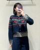 Women's Plus Size Retro Fair Isle Clover Cardigan, Dark Blue Knitwear Sweater for Autumn/Winter