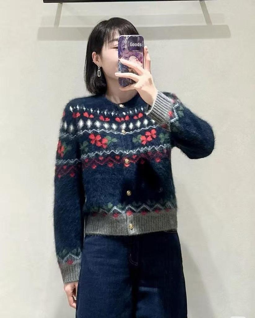Women's Plus Size Retro Fair Isle Clover Cardigan, Dark Blue Knitwear Sweater for Autumn/Winter