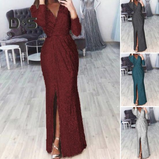 Abendkleid für Damen, tiefer V-Ausschnitt, Pailletten-Dekor, lange Ärmel, elastische Taille, plissiert, geteilter Saum, einfarbig, formelle Anlässe, Hochzeit, Party, Abschlussball, Maxikleid