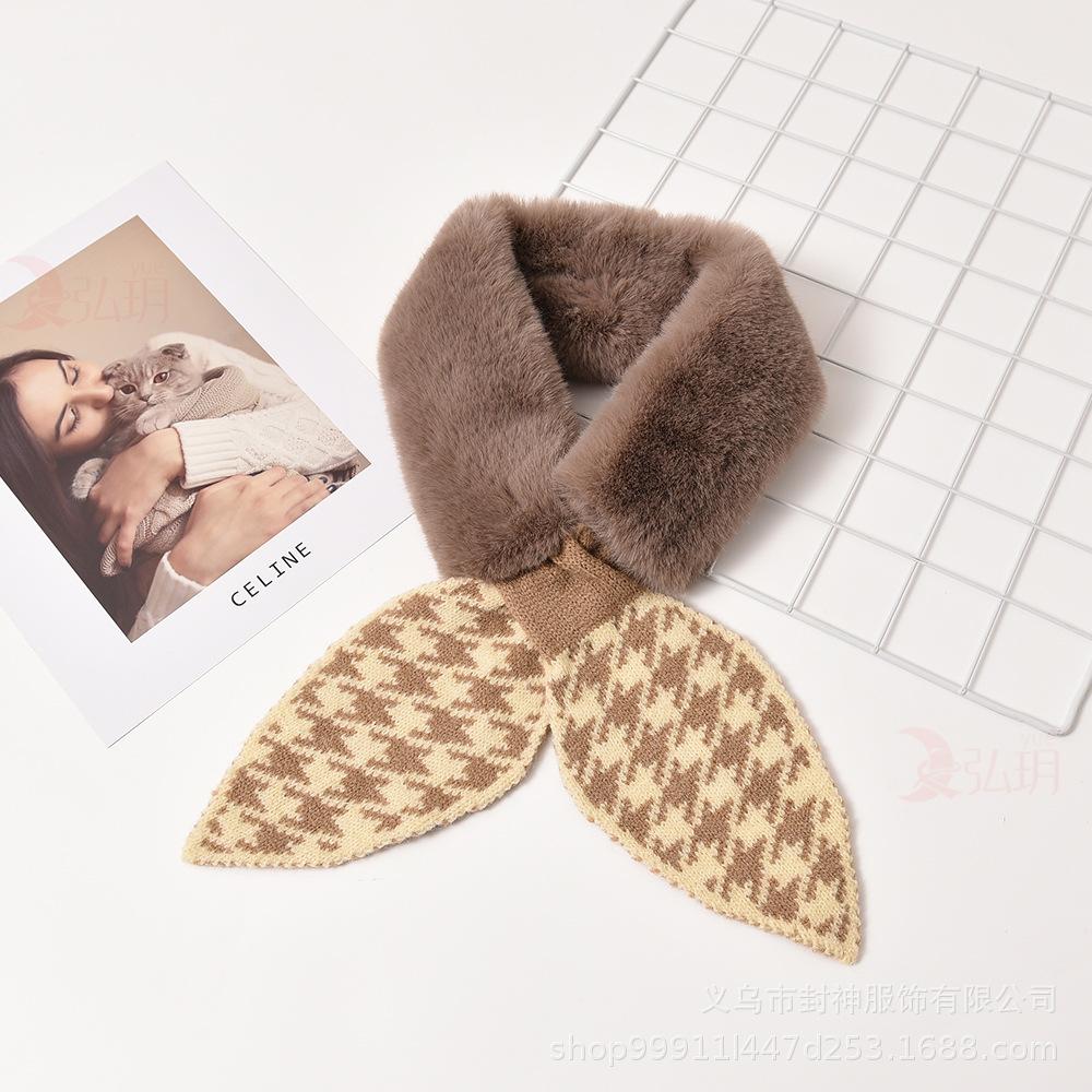Women Plush Scarf Winter Windproof Warm Simple Plaid Cross Neckerchief For Winter Coat Dress