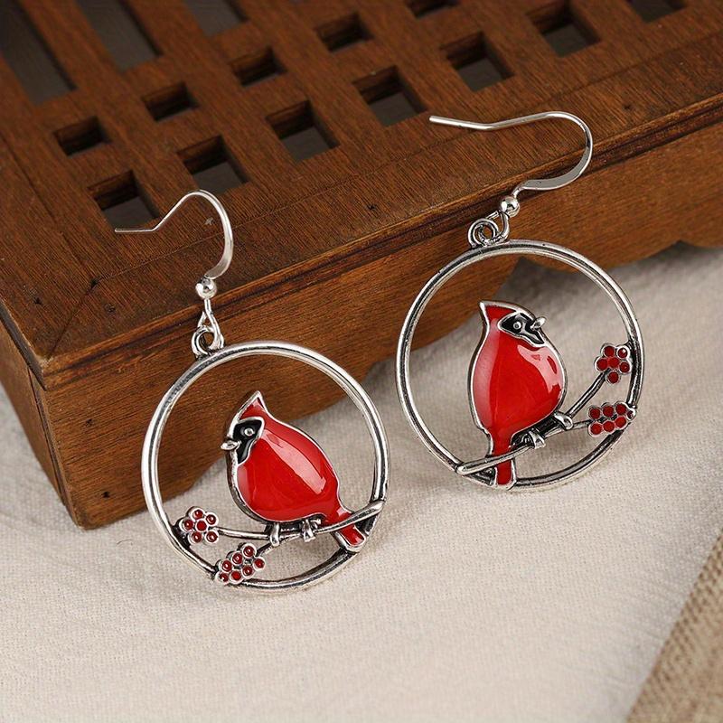Bohemian Style Simple Vintage Redbird Branch Design Metal Hook Earrings for Women To Wear On Holiday