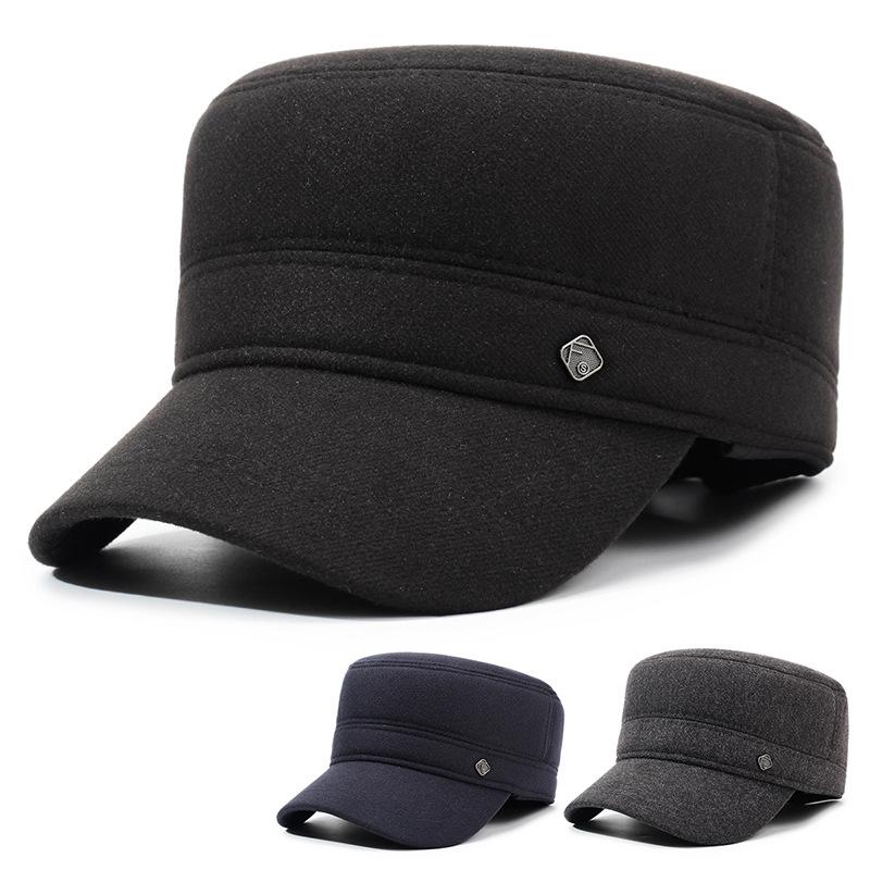 Winter Thick Cold-Proof Middle-Aged and Elderly Outdoor Flat Top Cotton Cap Men's Letter Label Ear Protection Warm Wool Duck Cap
