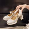 Mary Jane shoes spring 2025 new one-word with sexy high heels patent leather round head thick heel waterproof table shoes