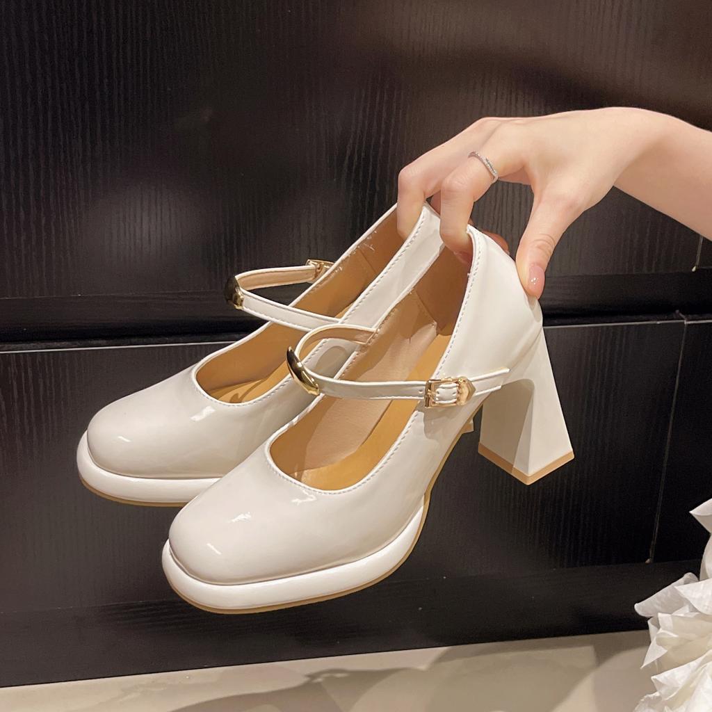 Mary Jane shoes spring 2025 new one-word with sexy high heels patent leather round head thick heel waterproof table shoes