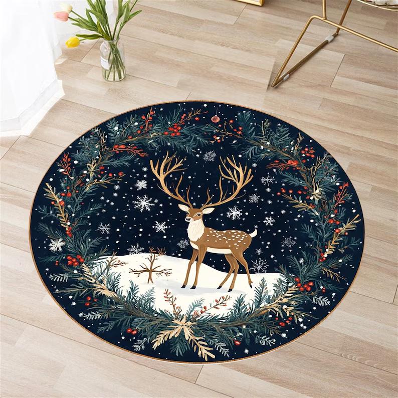 Christmas Tree Round Rug Snowflake Decor Xmas Area Rug Bedroom Living Room Carpet Decoration for The New Year
