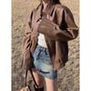Women's Brown PU Leather Retro Motorcycle Jacket for Spring & Autumn
