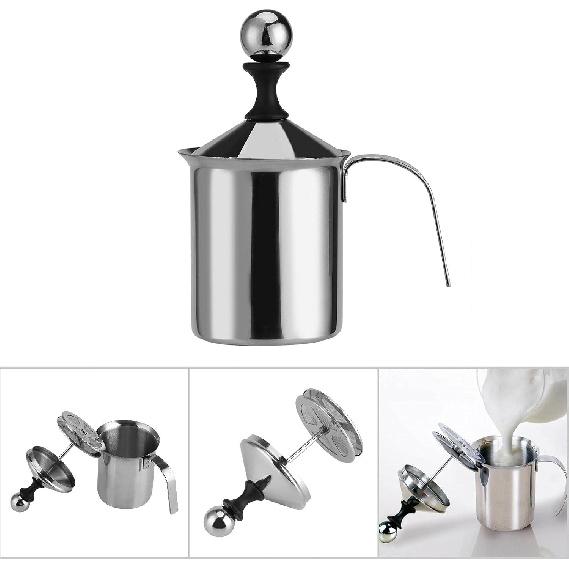 Foam Maker, Stainless Steel Manual Milk Frother, Manual Operated Milk Foam Maker, with Double Froth Screen, for Cappuccino Coffee Latte Hot Chocolate