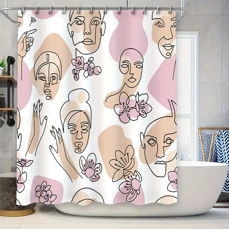 

Minimalist Abstract Pink Beige Shower Curtain Featuring Human Faces, Flowers Boho Home Decor W60H190(CM)-1 Pcs