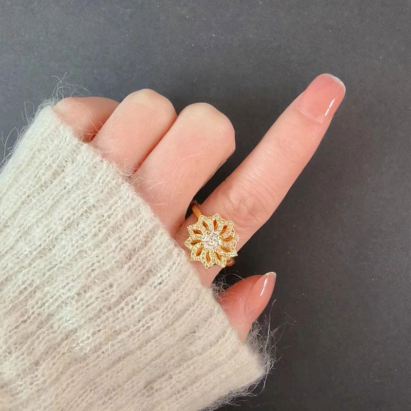 Offener Ring mit Zirkonia-Blume, Damen-Design, Nischenring, zweifarbig, Sonnenblume, doppelte Kamelie, personalisierbar, vielseitig verstellbar, Windmühlenring, Schmuck