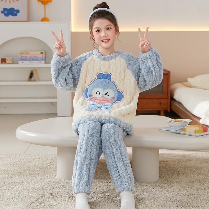 Girls Winter Coral Fleece Pajama Set Cartoon Animal Print Thick Warm Sleepwear Ages 8