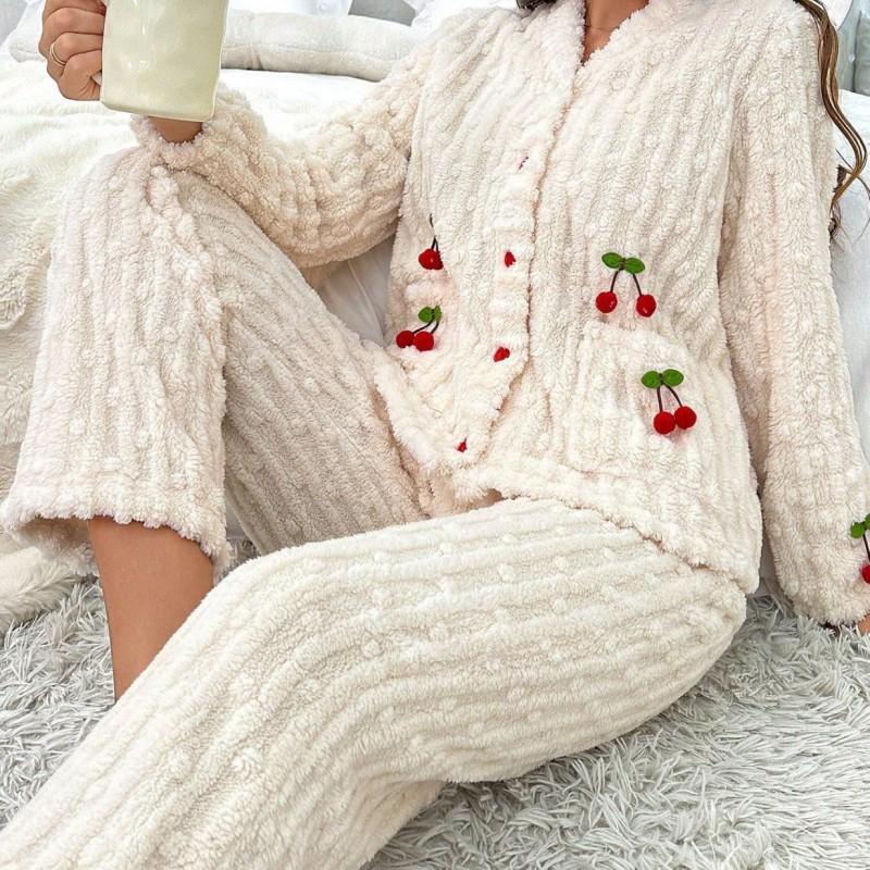 Set Pijama Călduros Căptușit cu Fleece pentru Femei Mânecă Lungă Decolteu în V Îmbrăcăminte de Noapte cu Imprimeu Cireșe Confortabil pentru Casă