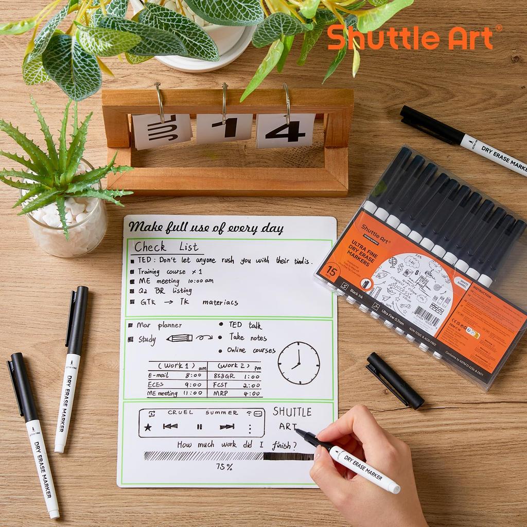 Shuttle Art Whiteboard Black Erasable Marker Extra Fine Large for School Black Markers Markers, 15-Pack, 0.7mm Ink, Pens, Tip, Capacity, Whiteboards,