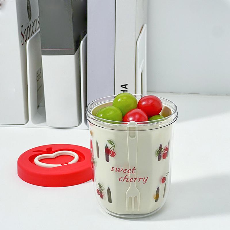 Double Wall Salad Cup Portable Leak Proof Oat Container With Fork&Handle Drain Fruit Cup Cute Breakfast Cup For Student