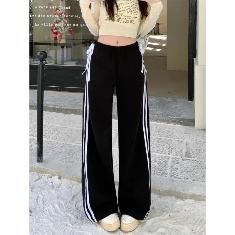 

Контрастные полосатые спортивные брюки женские американские ретро кавайные милые банты бандажные брюки прямые брюки с высокой талией XXL чёрный
