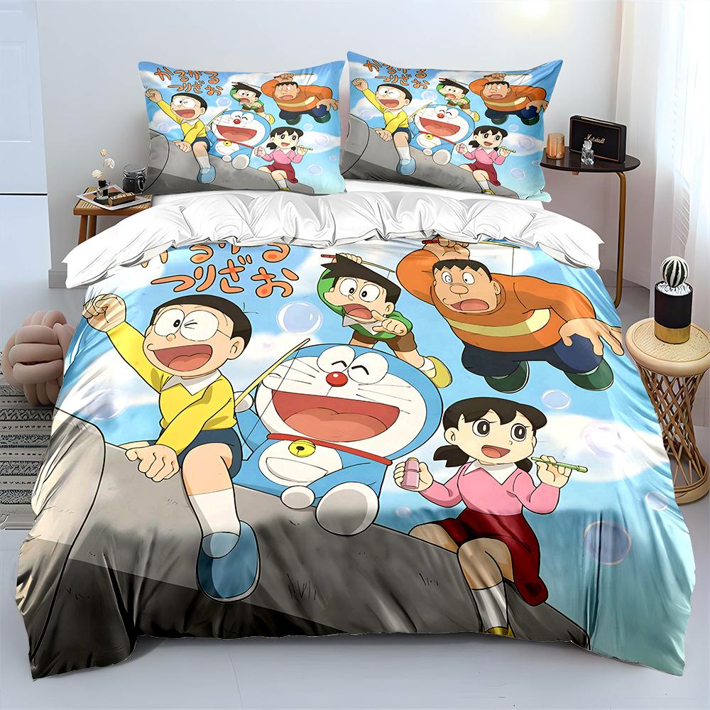 D-Doraemon mit Freunden Bedrucktes Bettwäscheset für Kinder Jungen Mädchen Neue 3D-Bedruckte Bettdecke Bettbezug Kissenbezug Schlafzimmer Dekor
