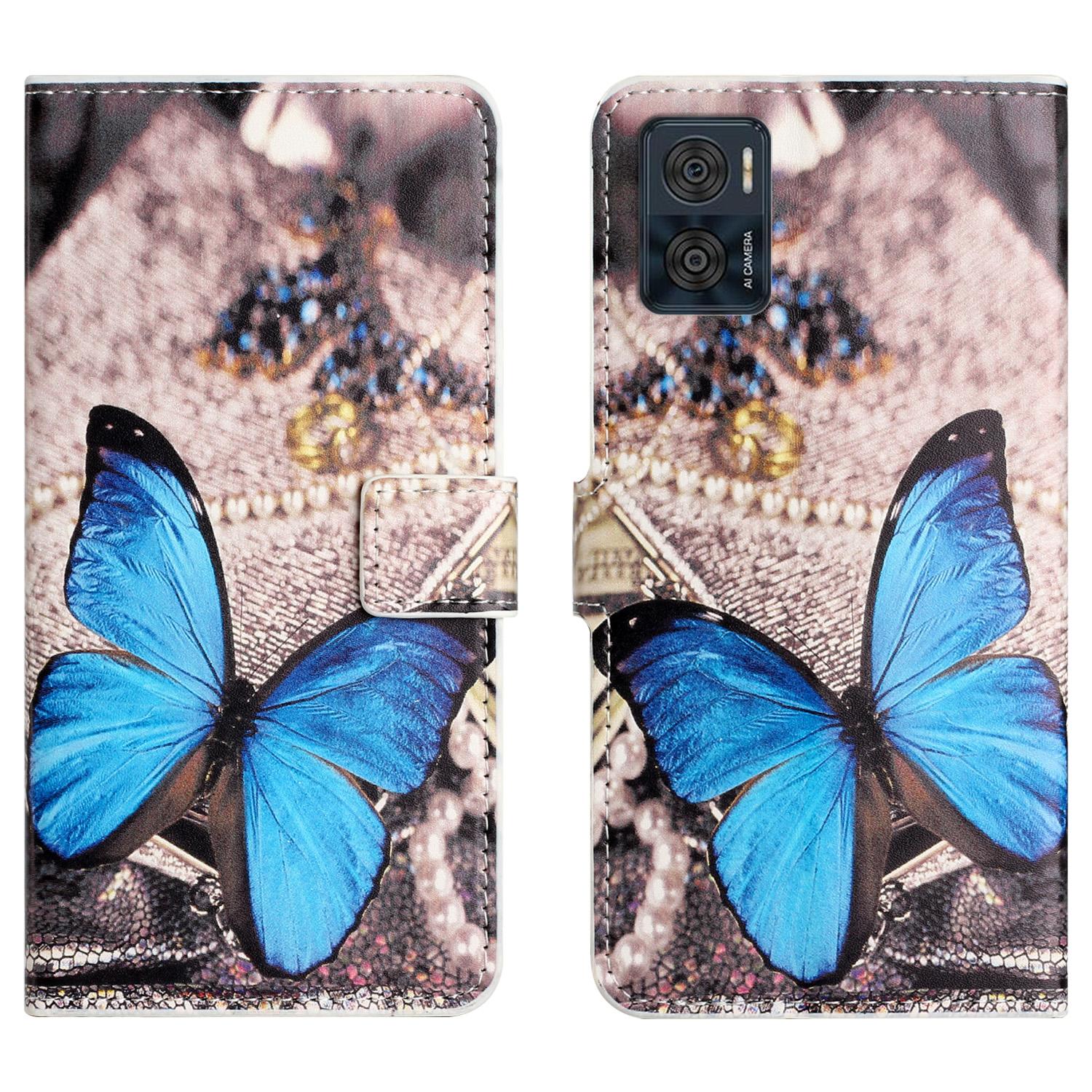 

For Motorola Moto E14 4G/G04 4G/G04s 4G/G24 4G Case Pattern Leather Phone Cover Card/Cash Slots Blue Butterfly