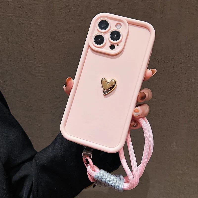 iPhone 17 Case with Lanyard for 16 Pro Max, Heart-Shaped Gold Electroplated Silicone, Frosted Finish