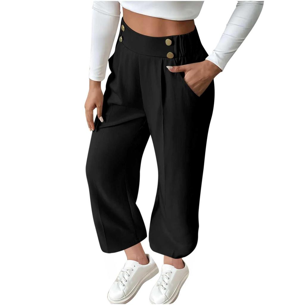 Women's Summer Solid Color External Pocket Loose High Waist Wide Leg Formal Straight Pants