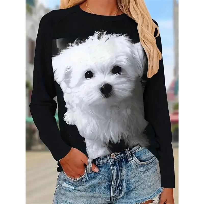Sommer Damen Tier 3D Druck Rundhals Langarm T-Shirt