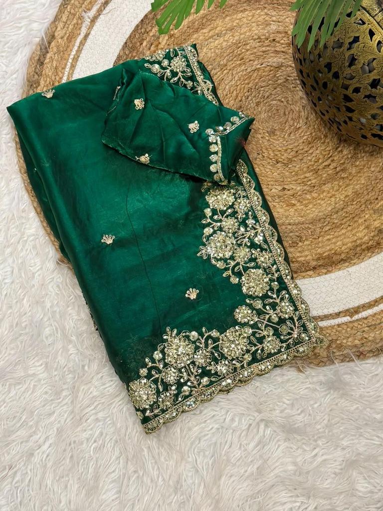 Premium Space Silk Designer Saree with Embroidered Coding Sequins Work & Rich Border | Wedding, Party & Festive Wear | Running Work Blouse