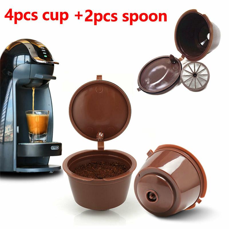 2/4 Pcs Set Refillable Coffee Capsule Filter Cup Reusable Caps + Spoon + Brush Filter Baskets Pod Strainer Coffeeware with Spoon