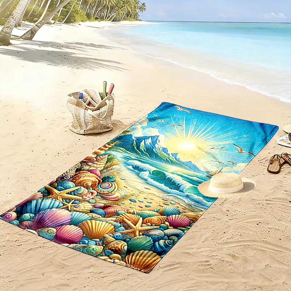 Colorful Seashell and Sunset Beach Scene Beach Towel Quick-drying for Travel Outdoor Sports Jogging Beach and Swimming