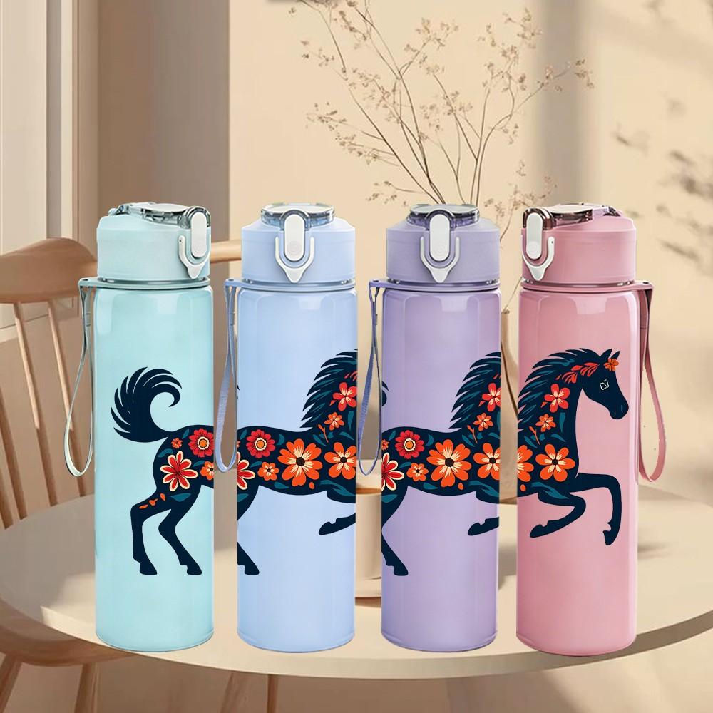 1PC Folk Decorated Black Horse 750ml Color Plastic Sports Water Bottle Leakproof Flip Straw Lid Suitable for Sports Office Home Use