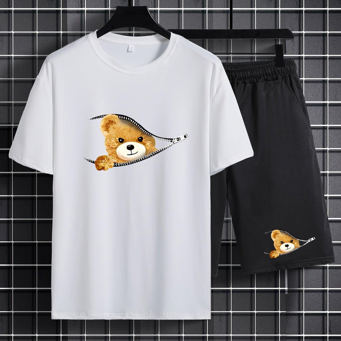 

Чоловіча футболка з круглим вирізом і шортами невимушеного крою з графічним принтом із зображенням ведмедя великого розміру – м’яка середня еластичність, повсякденний стиль на літо – веселий принт S