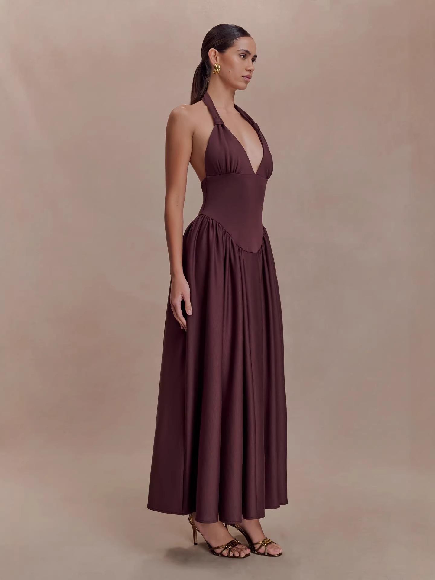 2026 Кросс-бордер Женское платье-слинг с глубоким V-образным вырезом в стиле курортного отдыха Medium вино красного