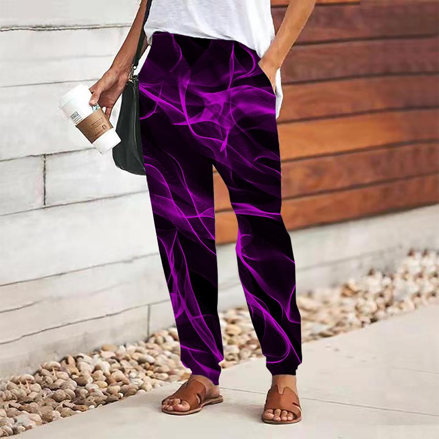 Women Smoke Printing Pants Lace Up Elastic Waist Loose  Trousers Casual Long Pants Trousers with Pockets