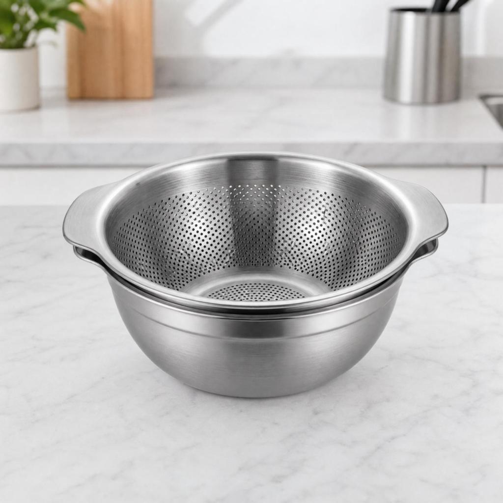 2 Pieces Strainer RustResistant 304 Stainless Steel Mixing Bowl with Colander for Countertop