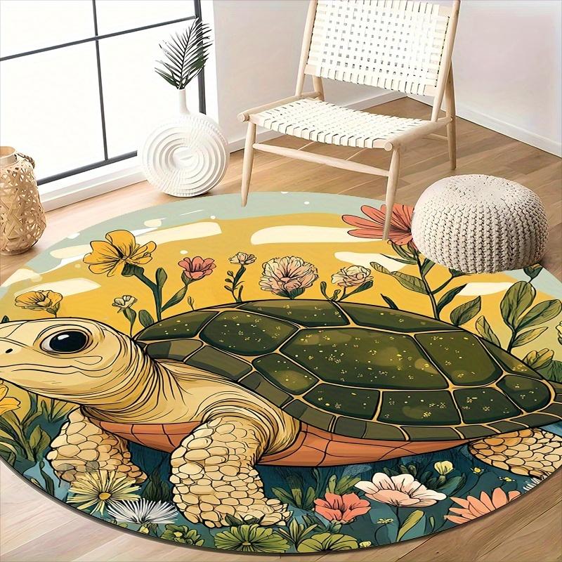 2D Flat 1pc Adorable Turtle And Flowers Round Floor Mat, Lightweight NonSlip Machine Washable, Home Decoration, Serene Garden Am