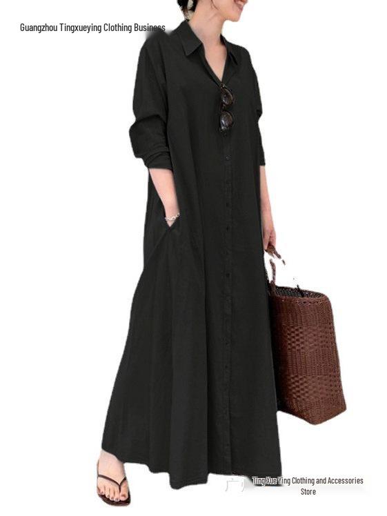 2026 European Cotton Linen Long Sleeve Lapel Shirt Dress with Patch Pocket – Casual, Loose Fit