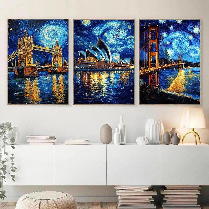 Abstract Van Gogh Landscape Poster Sydney Opera House Starry Night Prints Canvas Painting Wall Art for Home Living Room Decor