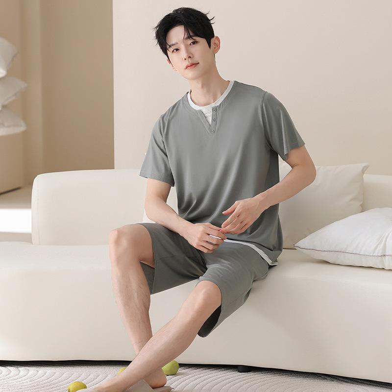Lyocell cotton men's pajamas summer thin short-sleeved five-point pants suit casual teen men's loungewear can be worn outside