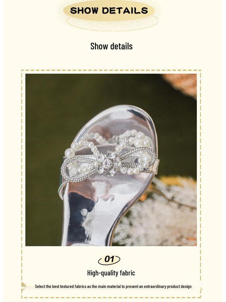 2024 Silver Glitter Chunky Heel Sandals with Bow and Pearl Strap - Women's High-End Rhinestone Shoes